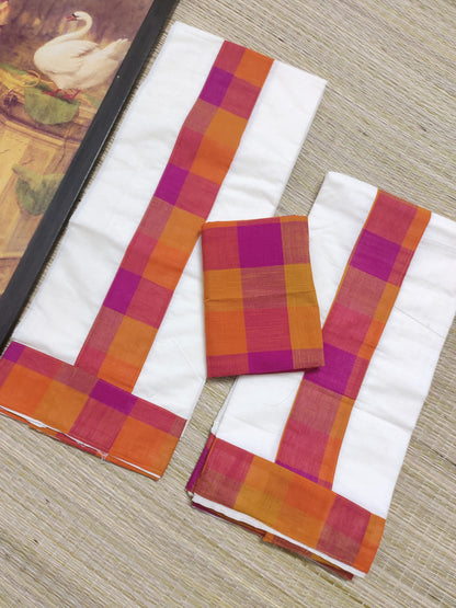 Premium Madras Check Cotton Set Mundu With 1 Metre Blouse Piece (2.80 Metres).