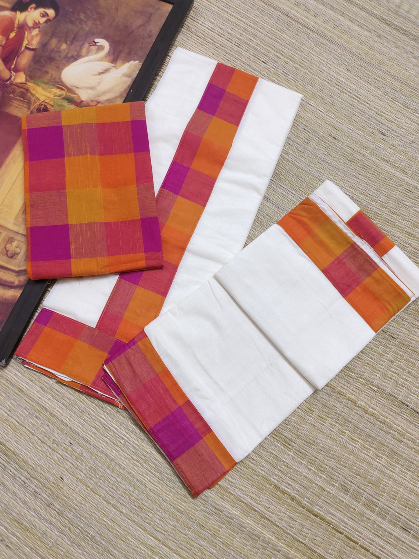 Premium Madras Check Cotton Set Mundu With 1 Metre Blouse Piece (2.80 Metres).