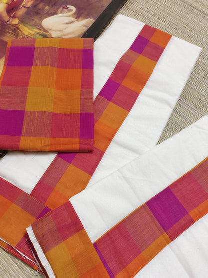 Premium Madras Check Cotton Set Mundu With 1 Metre Blouse Piece (2.80 Metres).
