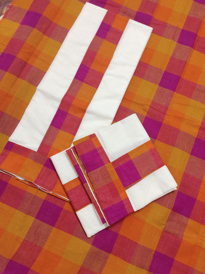 Premium Madras Check Cotton Set Mundu With 1 Metre Blouse Piece (2.80 Metres).