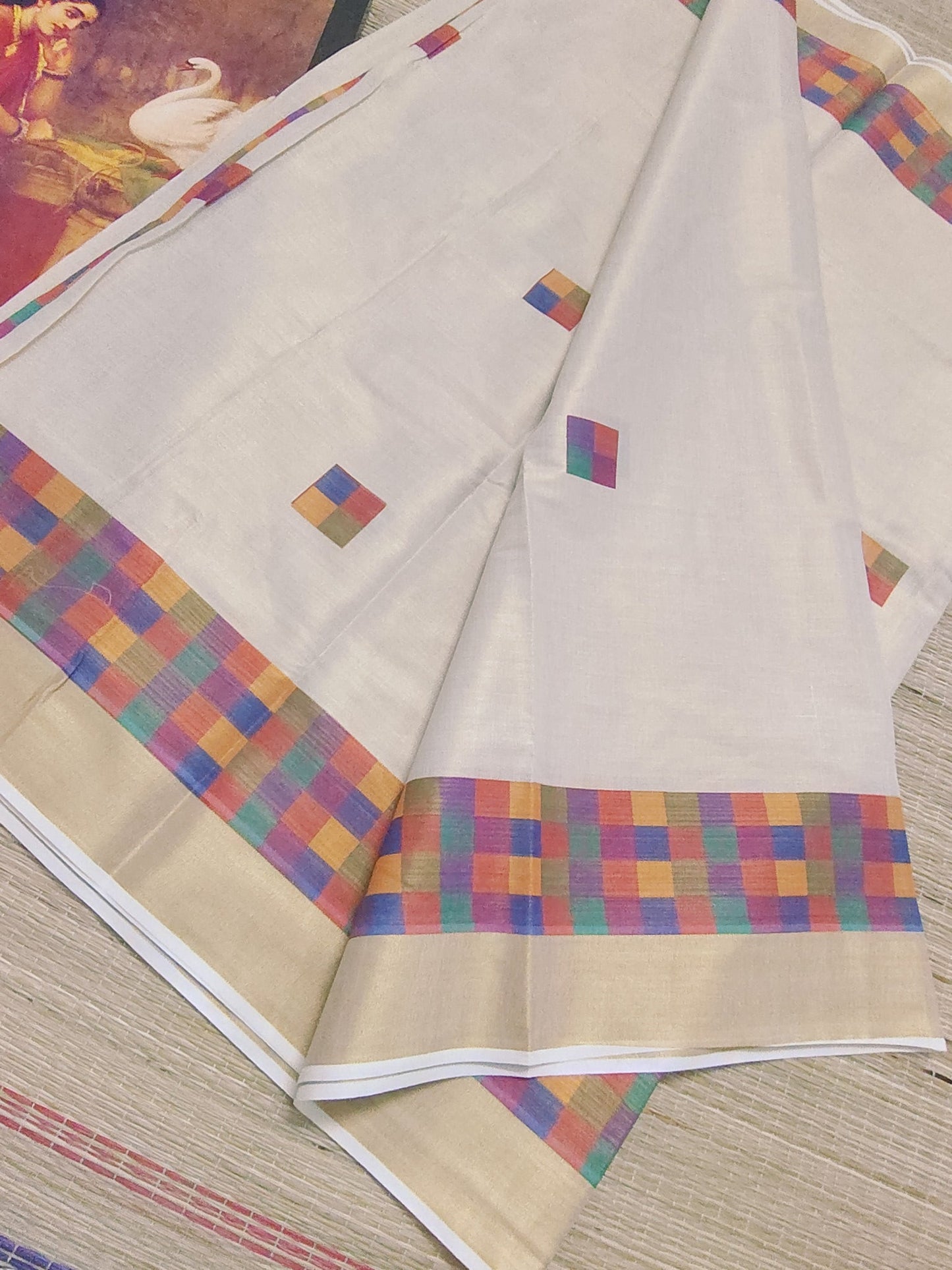 Premium Tissue Saree With Digital Printed Madras Check And Fully Printed Blouse.