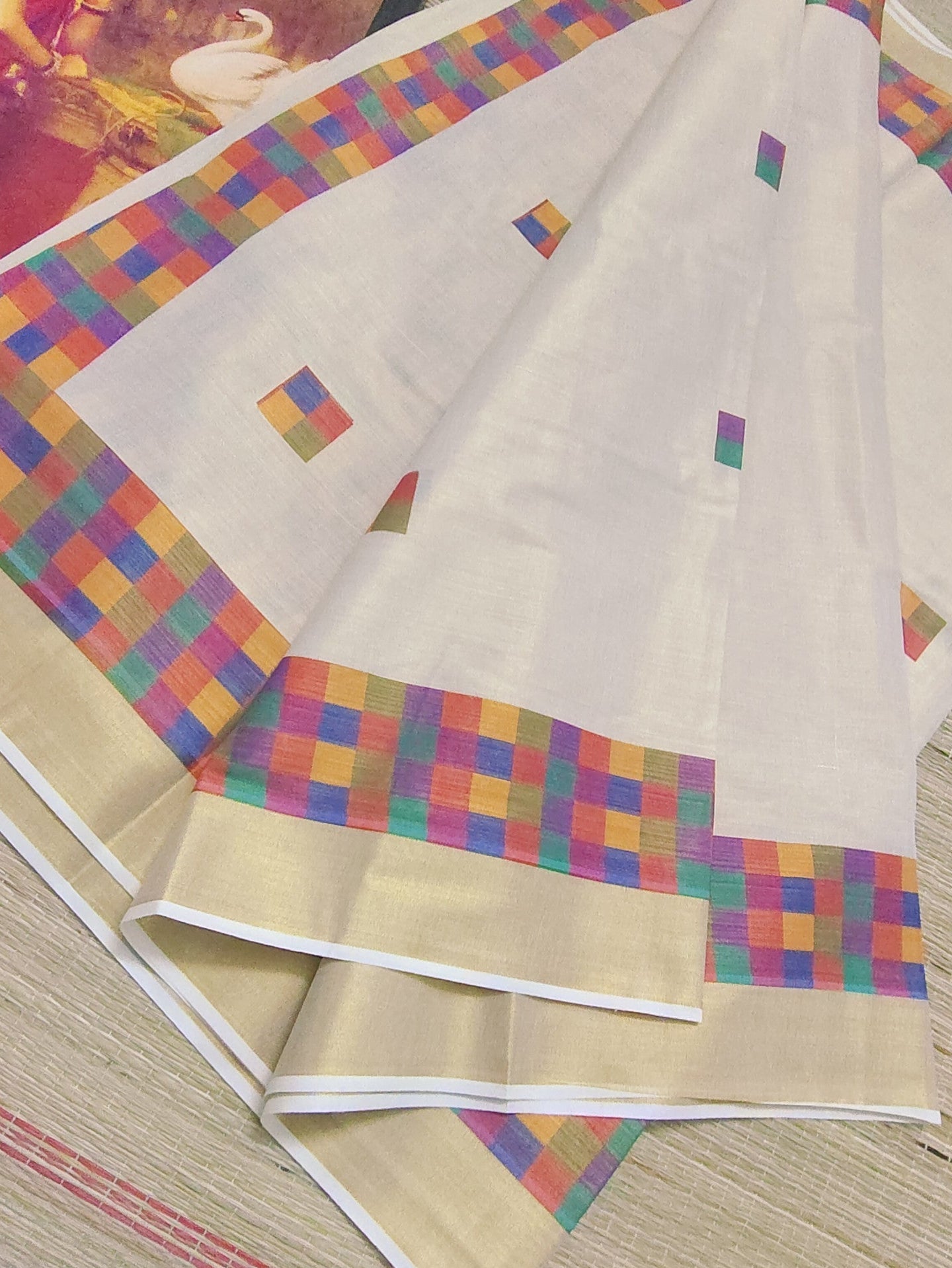 Premium Tissue Saree With Digital Printed Madras Check And Fully Printed Blouse.