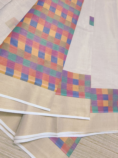 Premium Tissue Saree With Digital Printed Madras Check And Fully Printed Blouse.