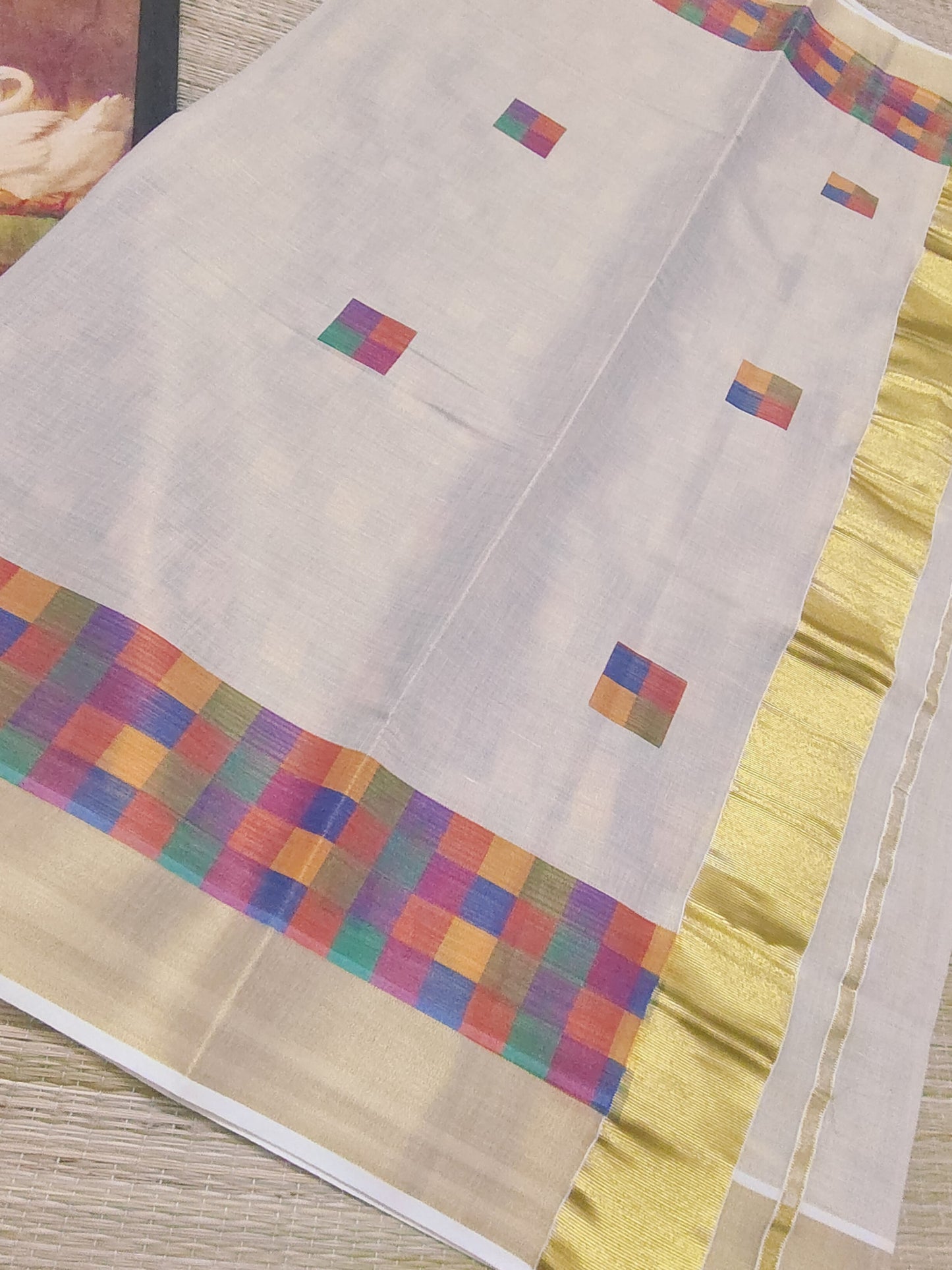 Premium Tissue Saree With Digital Printed Madras Check And Fully Printed Blouse.
