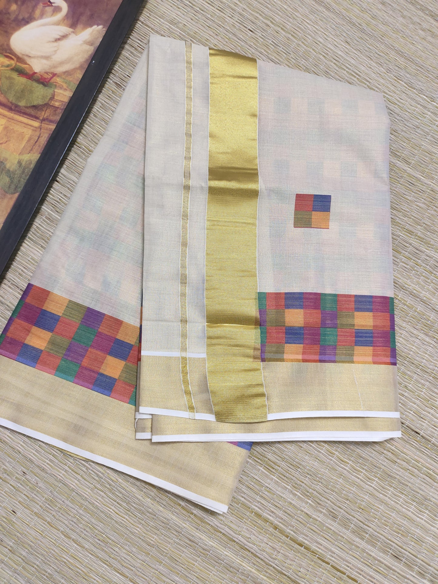 Premium Tissue Saree With Digital Printed Madras Check And Fully Printed Blouse.