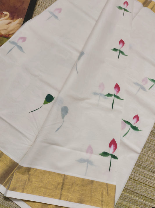 Premium Cotton Hand Painted Saree With Plain Running Blouse.