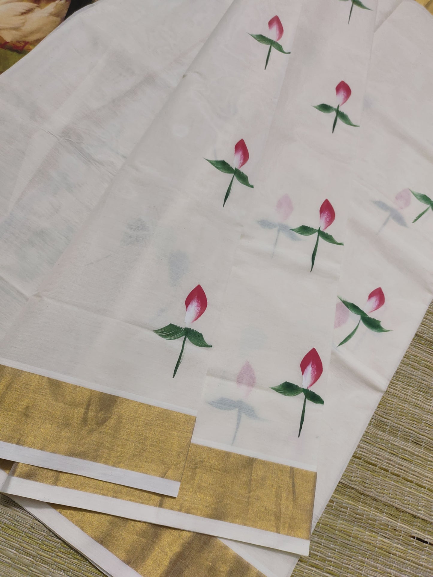 Premium Cotton Hand Painted Saree With Plain Running Blouse.