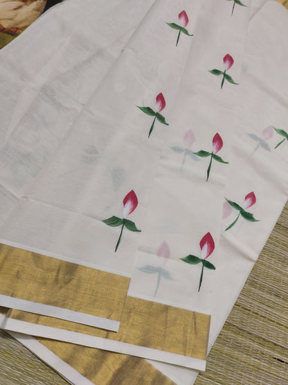 Premium Cotton Hand Painted Saree With Plain Running Blouse.