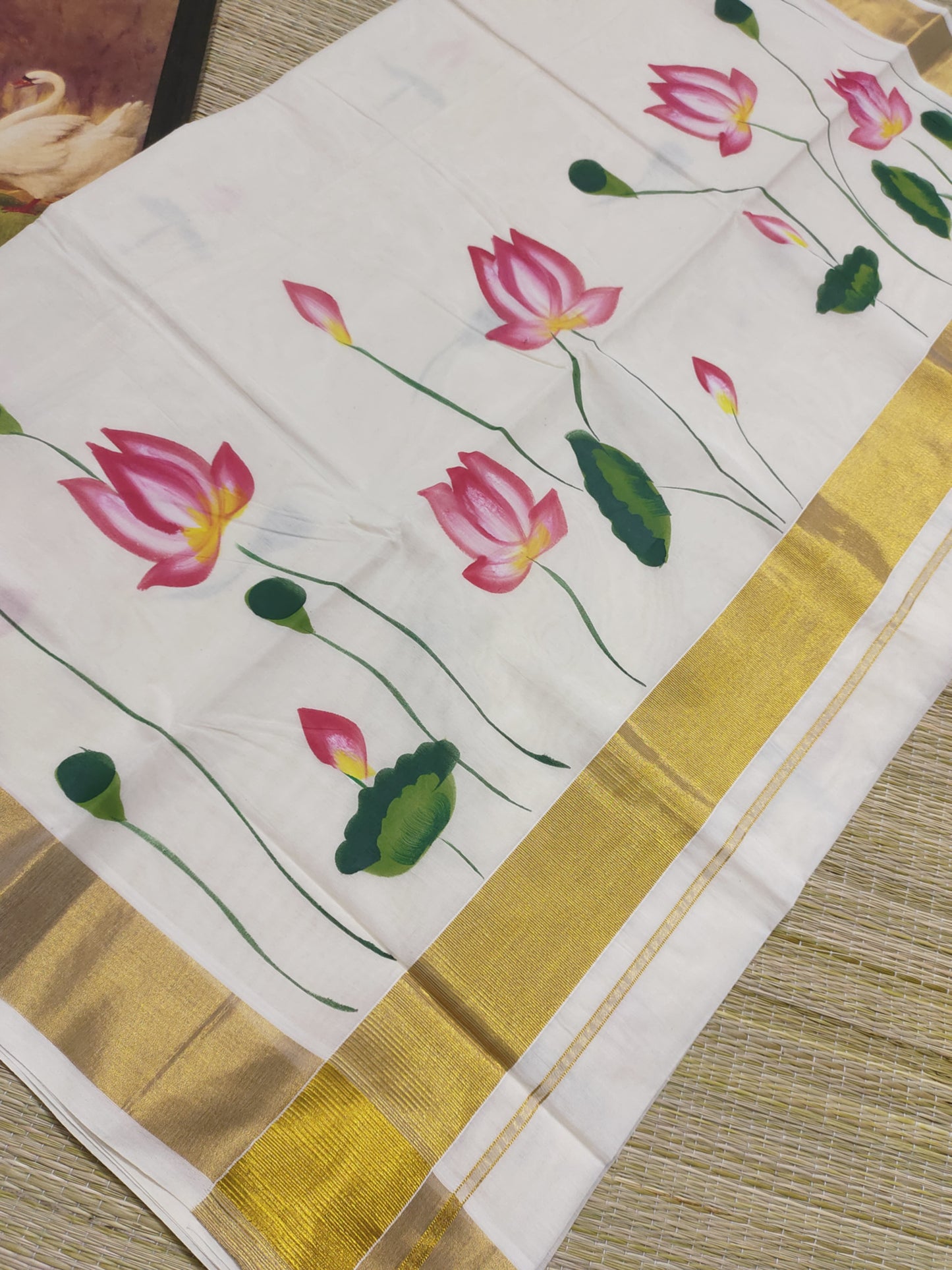 Premium Cotton Hand Painted Saree With Plain Running Blouse.