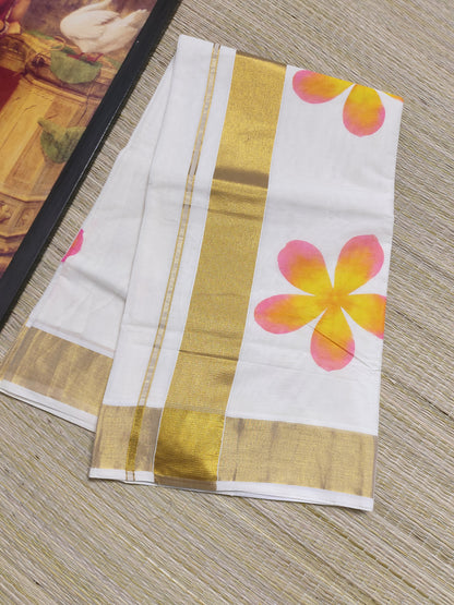 Premium Cotton Hand Painted Saree With Plain Running Blouse.