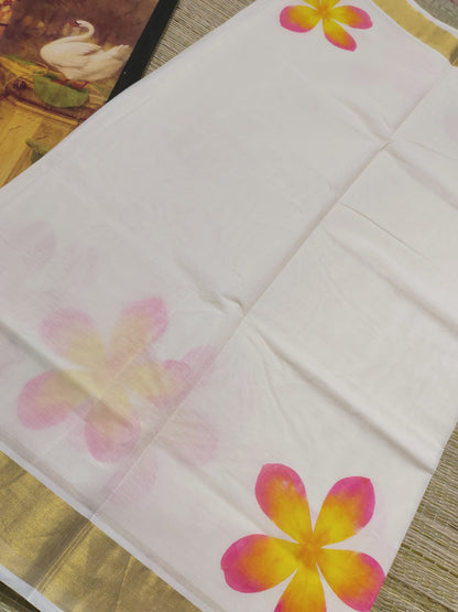 Premium Cotton Hand Painted Saree With Plain Running Blouse.