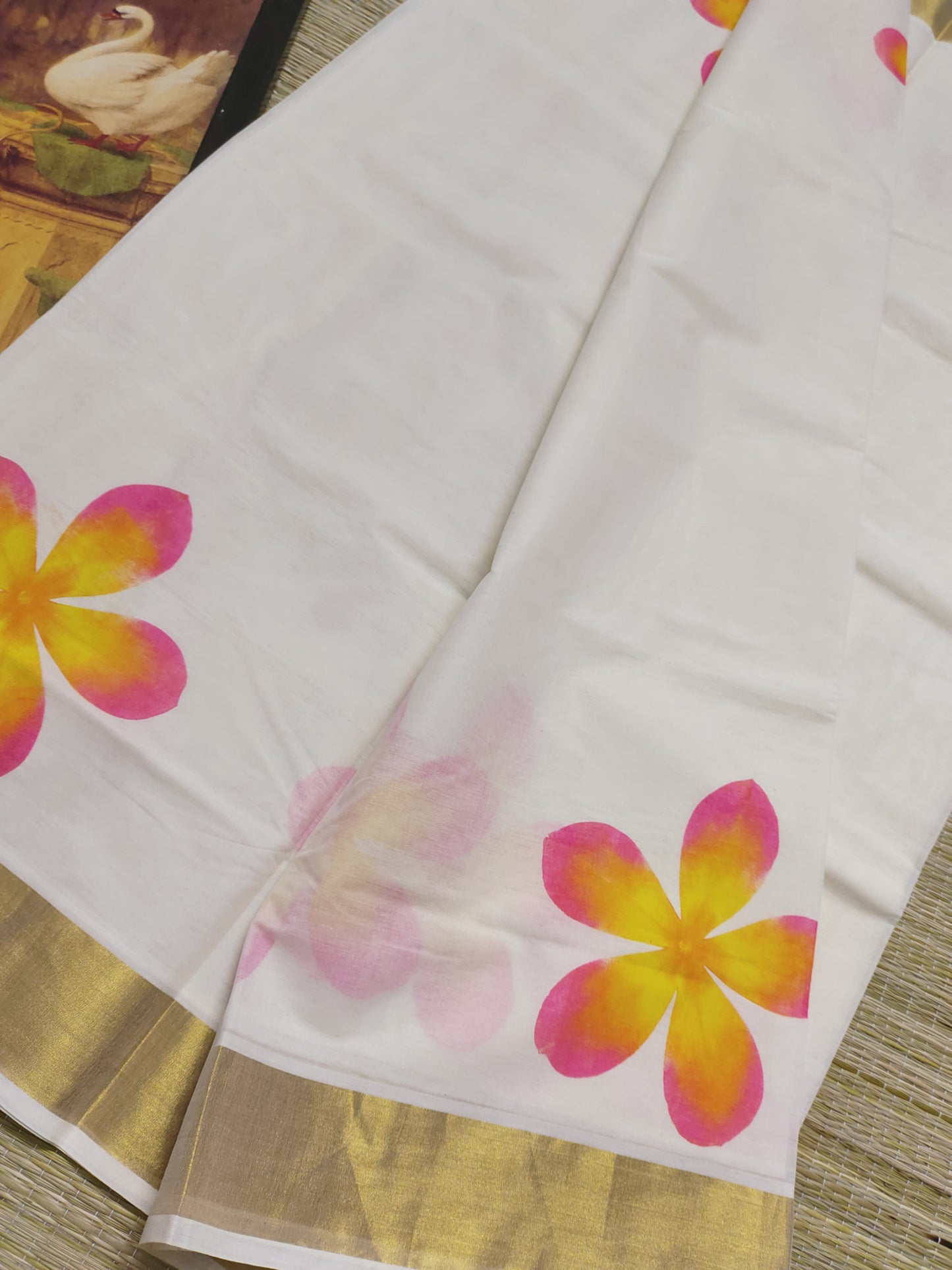 Premium Cotton Hand Painted Saree With Plain Running Blouse.