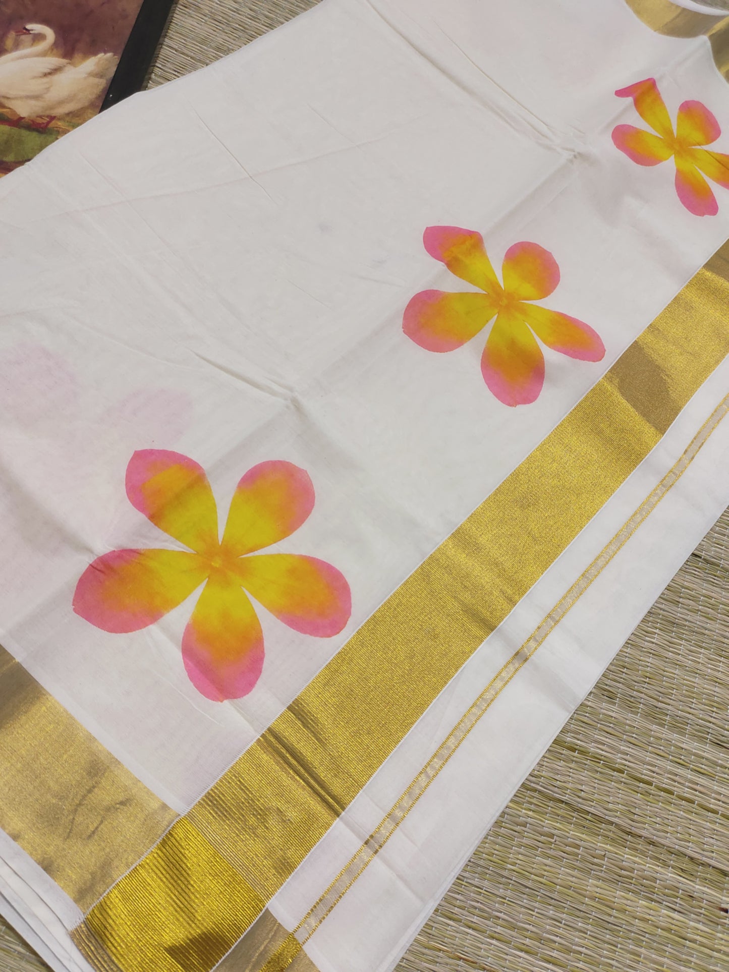 Premium Cotton Hand Painted Saree With Plain Running Blouse.