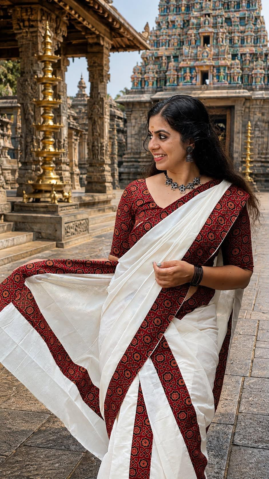 Pure cotton Kerala Set Mundu with Ajrakh patchwork and matching Ajrakh printed blouse (2.80m).