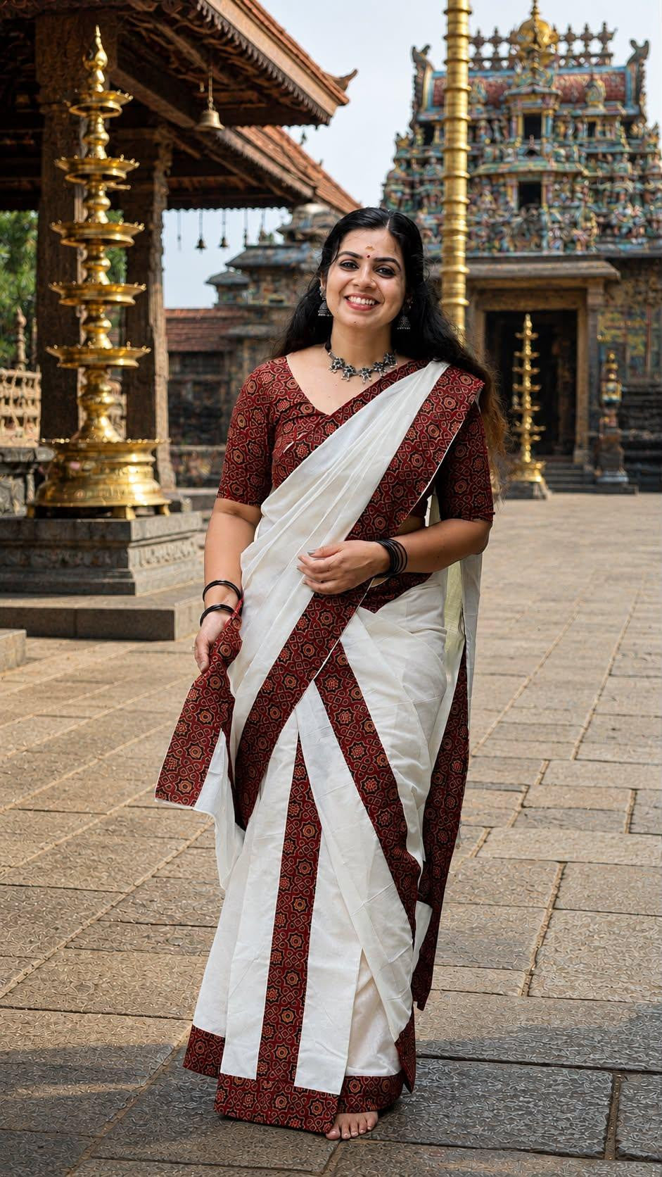 Pure cotton Kerala Set Mundu with Ajrakh patchwork and matching Ajrakh printed blouse (2.80m).