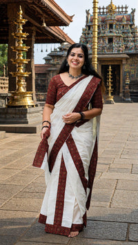 Pure cotton Kerala Set Mundu with Ajrakh patchwork and matching Ajrakh printed blouse (2.80m).