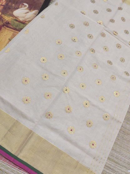 Premium Kuthumpully HandLoom Gold Tissue Saree With Buttas