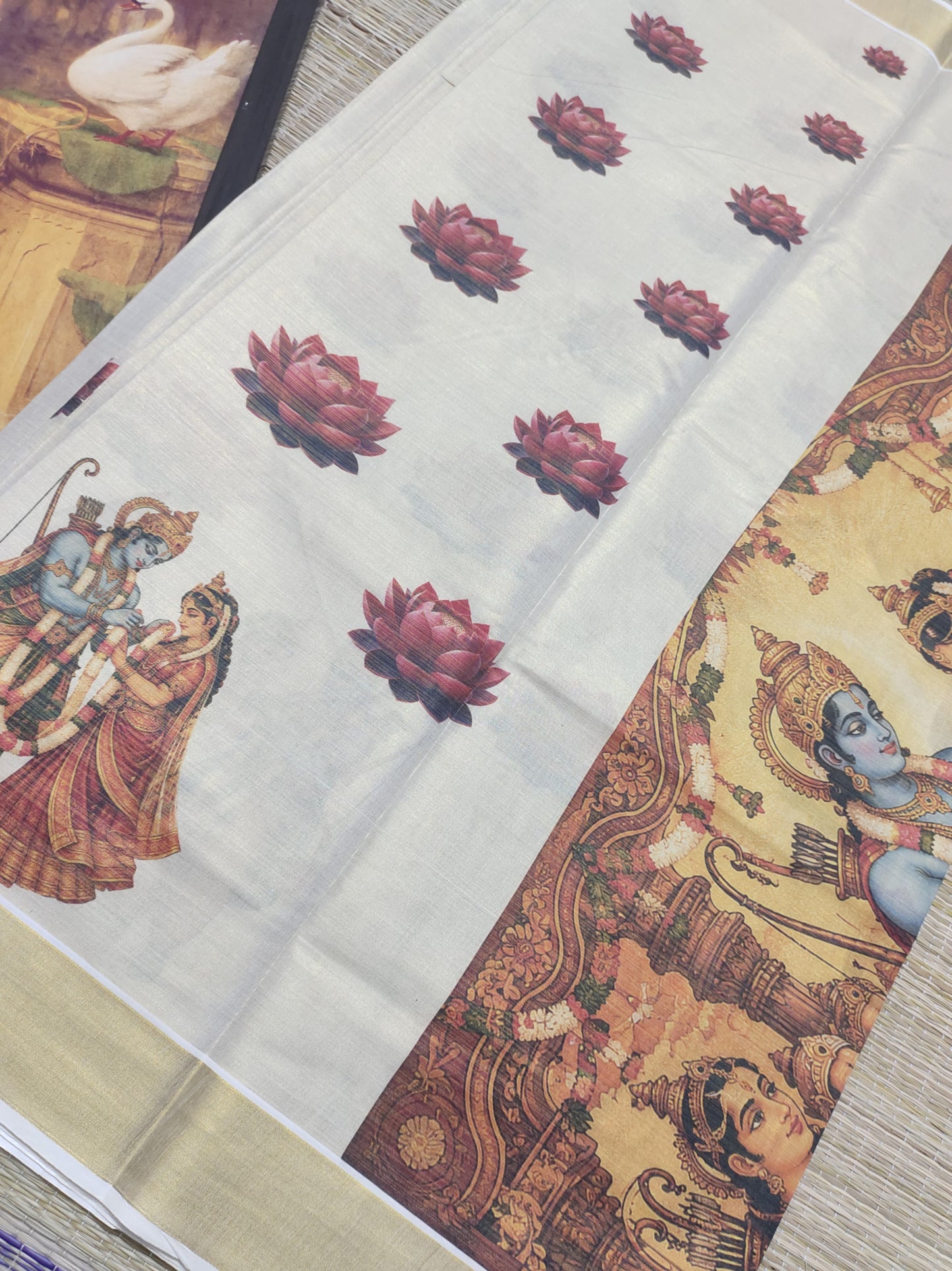 Premium Tissue Saree With All-Over Ram Sita And Lotus Digital Prints