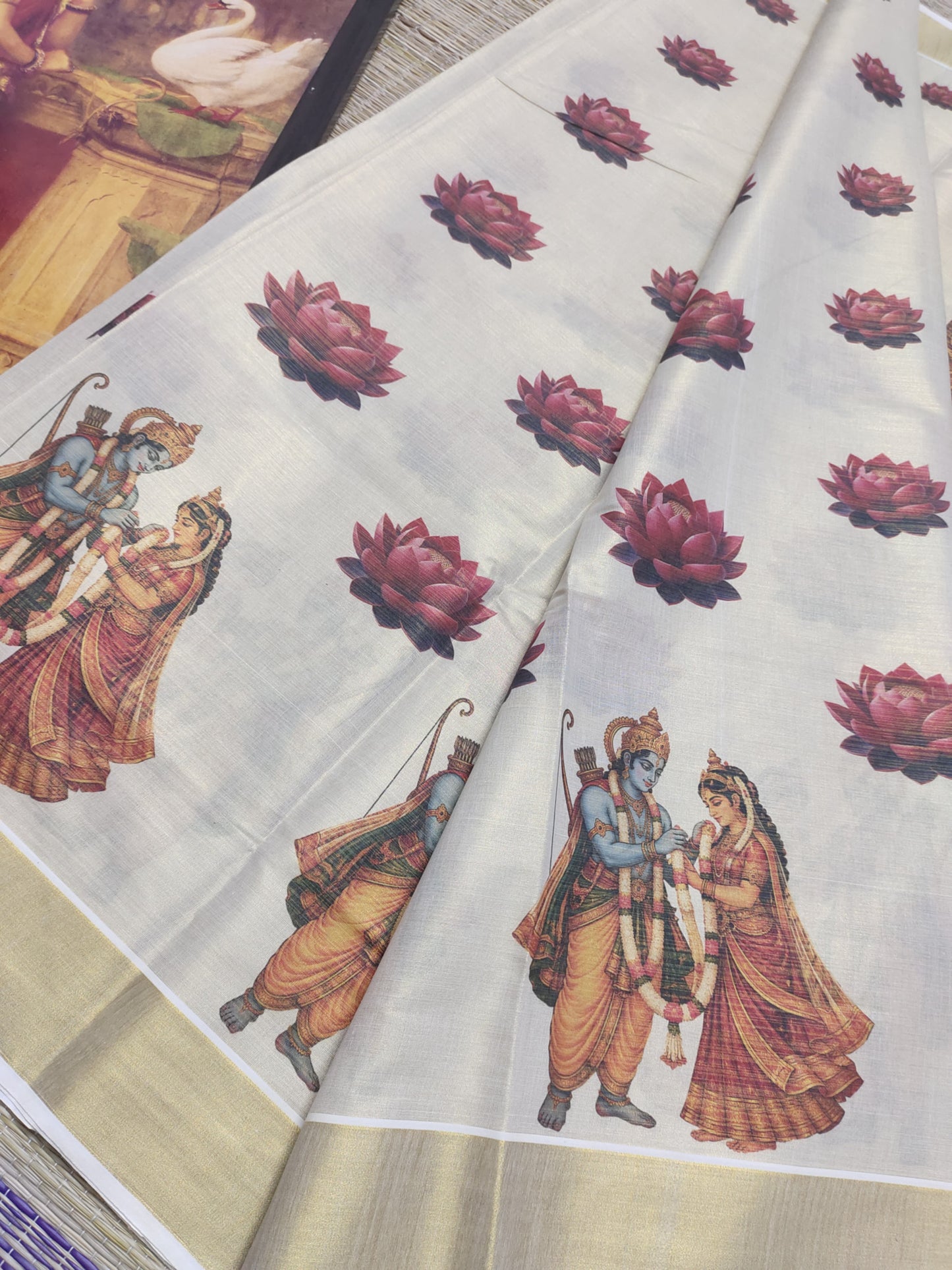 Premium Tissue Saree With All-Over Ram Sita And Lotus Digital Prints