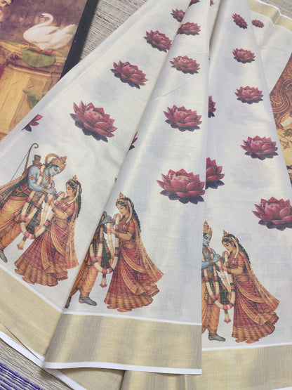 Premium Tissue Saree With All-Over Ram Sita And Lotus Digital Prints