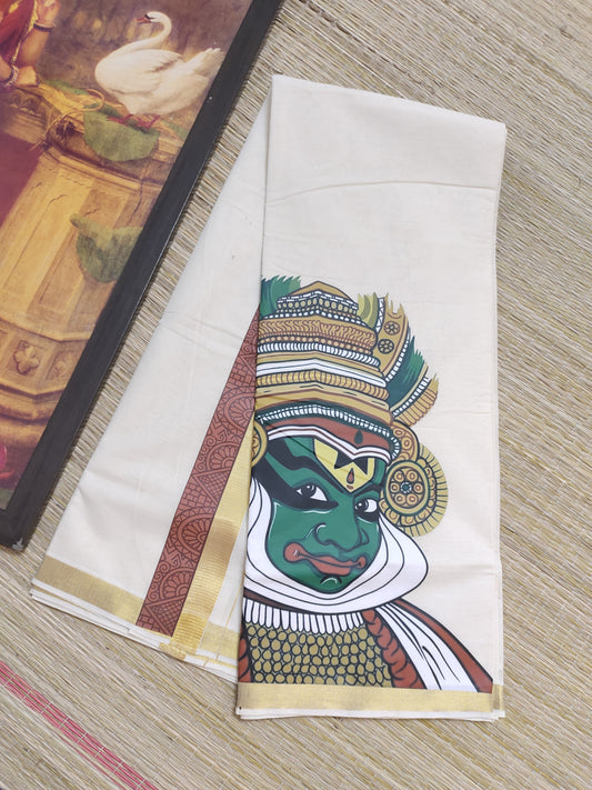 Premium Cotton Men's Double Mundu With Sticker Print.