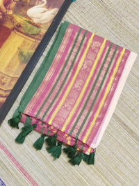 Premium Mul Cotton Saree With Kanchi Border And Tassels.