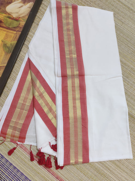 Premium Mul Cotton Saree With Zari Border And Tassels.