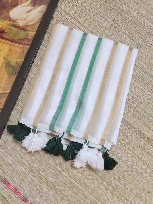 Premium Mul Cotton Saree With Zari Stripes  And Tassels.