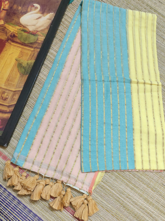 Premium Mul Cotton Saree With  all over Zari Stripes And Tassels.