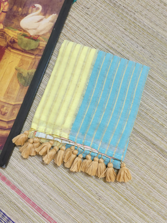 Premium Mul Cotton Saree With  all over Zari Stripes And Tassels.
