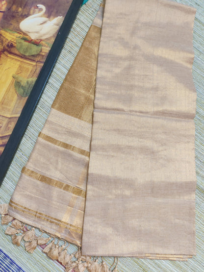Premium Mul Mul Copper Tissue Saree With Tassels.