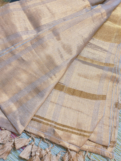 Premium Mul Mul Copper Tissue Saree With Tassels.