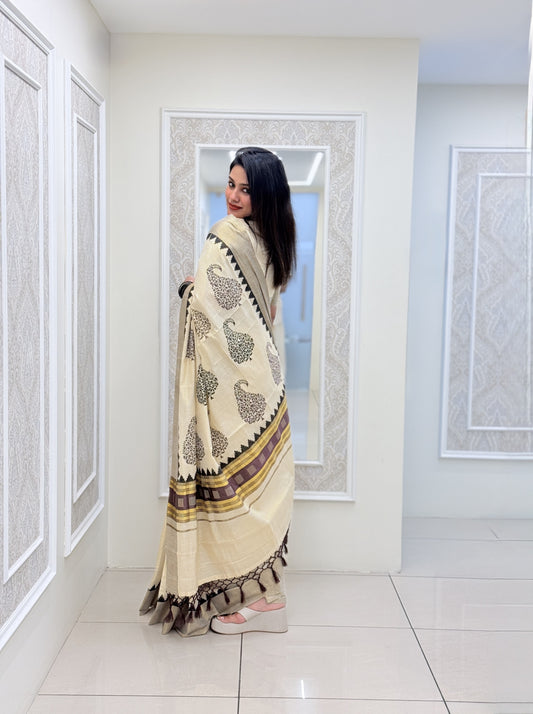 Premium Tissue saree in  Coffee Brown  With Handblock Prints