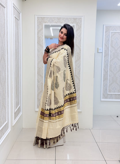 Premium Tissue saree in  Coffee Brown  With Handblock Prints