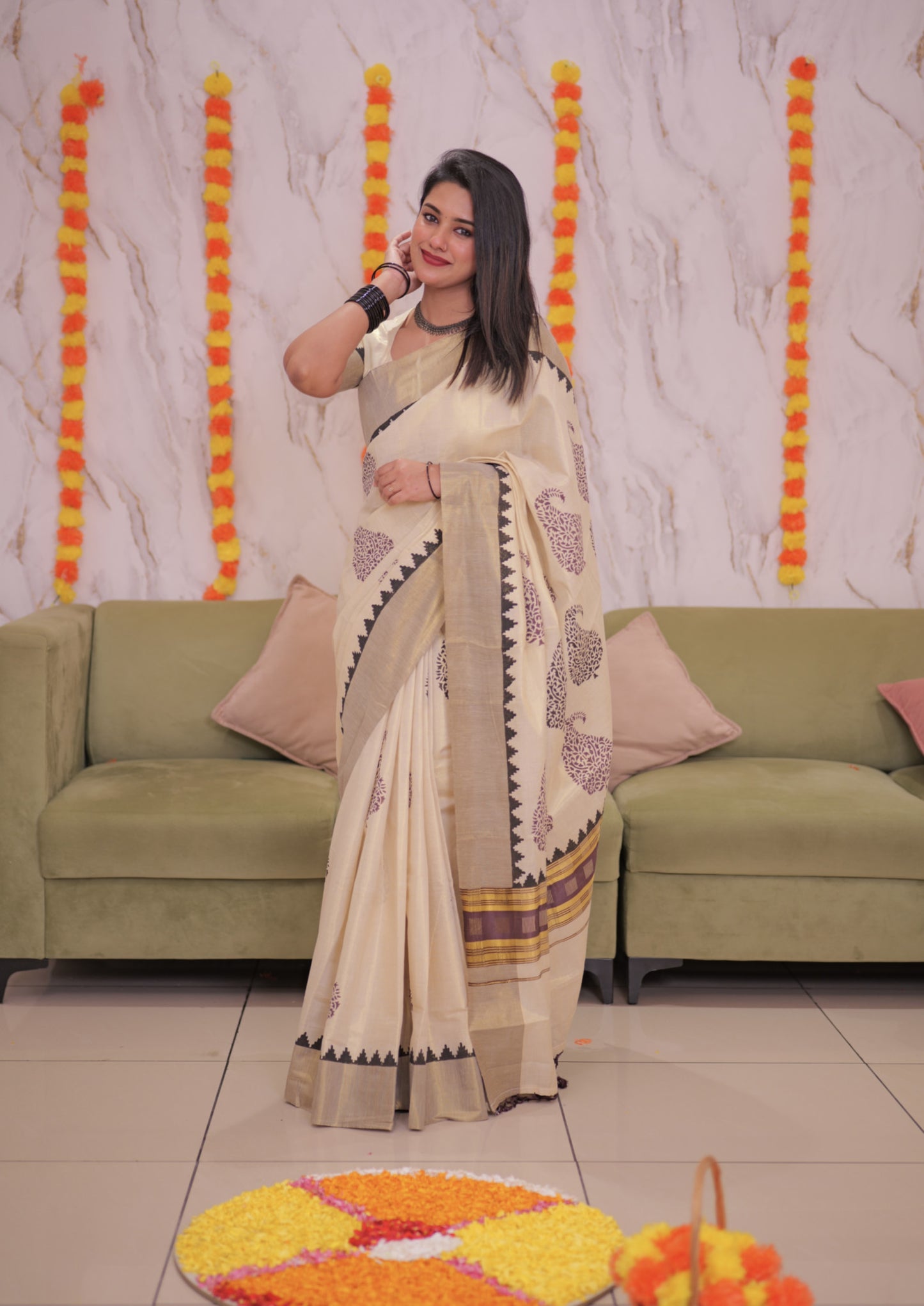 Premium Tissue saree in  Coffee Brown  With Handblock Prints