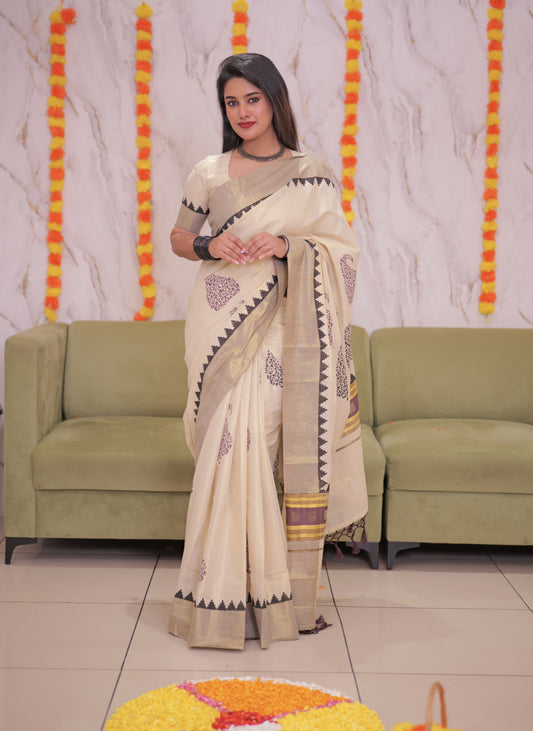 Premium Tissue saree in  Coffee Brown  With Handblock Prints