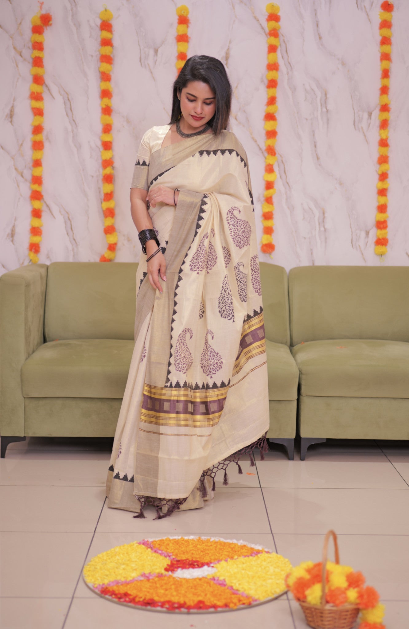 Premium Tissue saree in  Coffee Brown  With Handblock Prints