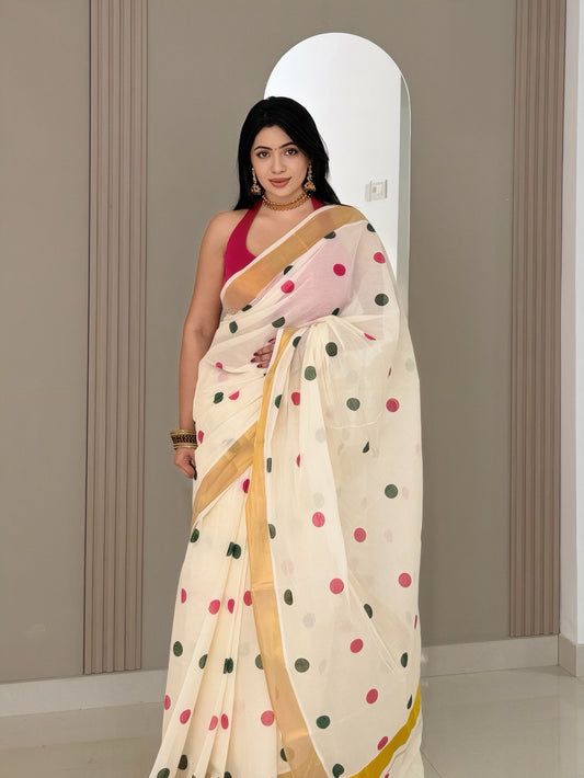 Trending Polka Dots on Premium Kerala Kasavu  Saree- WITH SATIN BLOUSE (1 MTR)