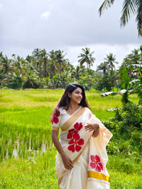 Premium Cotton Saree With Floral Print And Floral Printed Blouse.