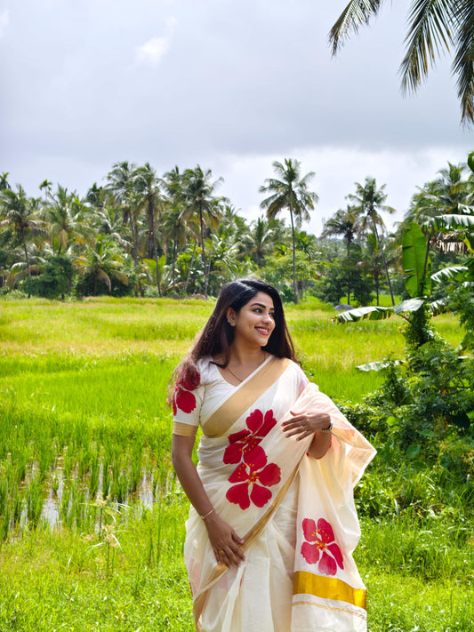 Premium Cotton Saree With Floral Print And Floral Printed Blouse.