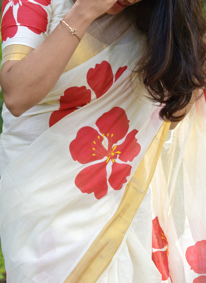 Premium Cotton Saree With Floral Print And Floral Printed Blouse.