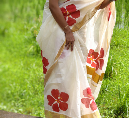 Premium Cotton Saree With Floral Print And Floral Printed Blouse.