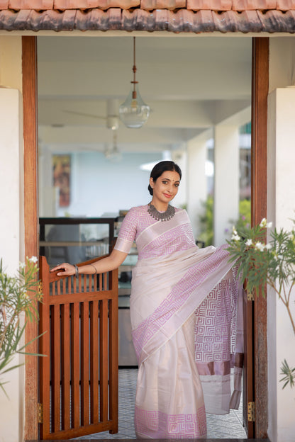 Rose gold tissue saree with hand block prints and fully printed blouse