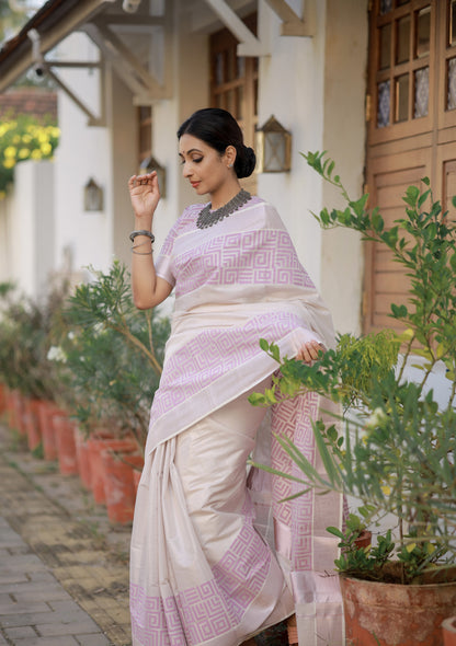 Rose gold tissue saree with hand block prints and fully printed blouse