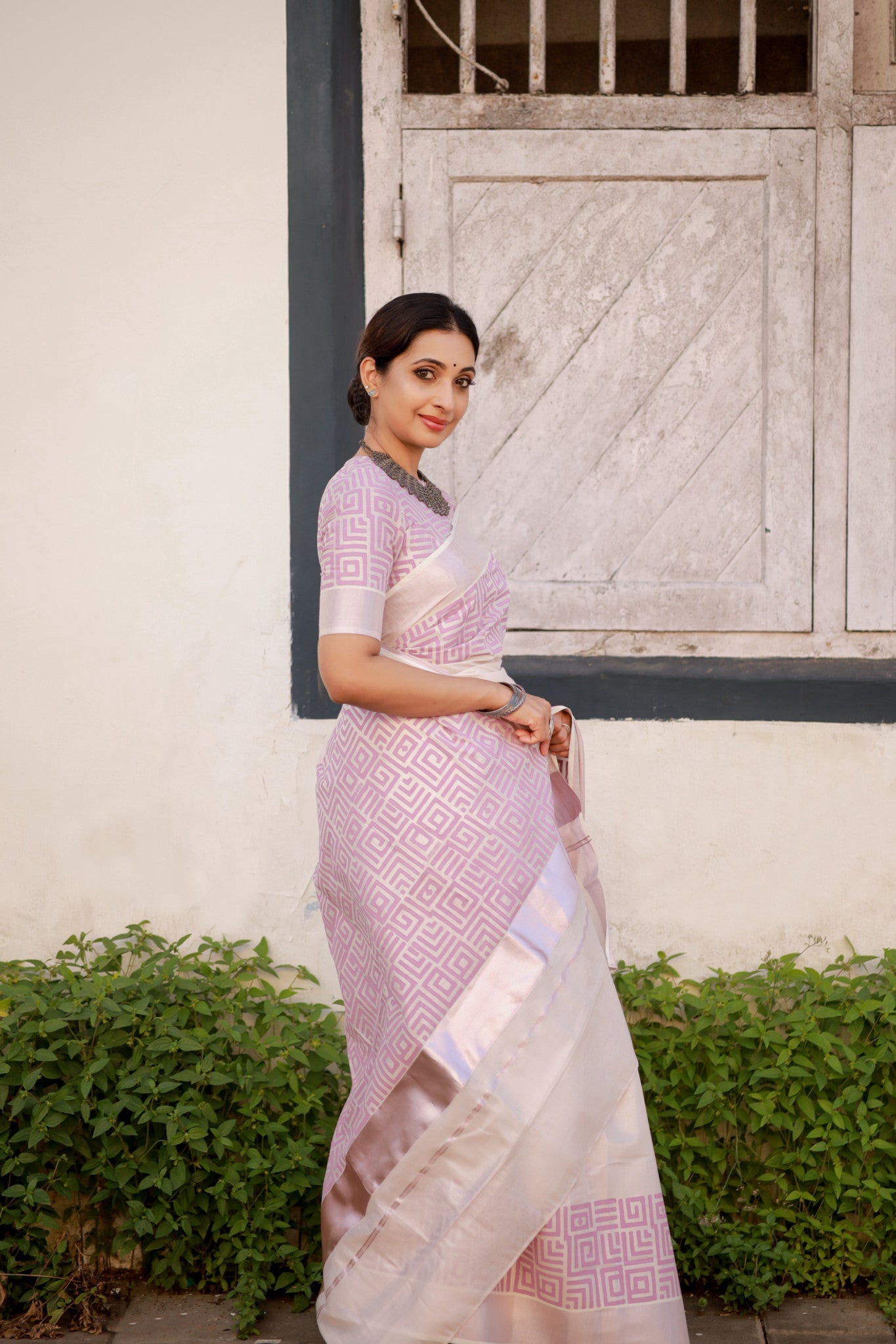 Rose gold tissue saree with hand block prints and fully printed blouse