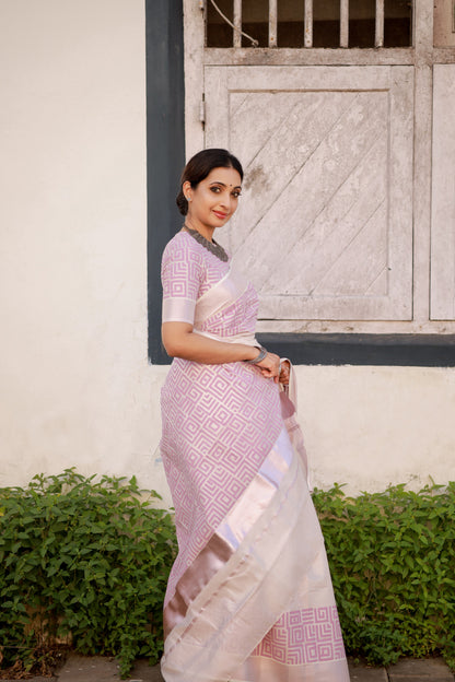 Rose gold tissue saree with hand block prints and fully printed blouse