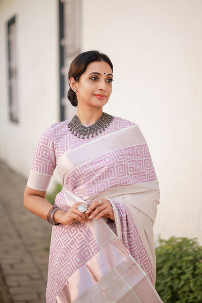 Rose gold tissue saree with hand block prints and fully printed blouse