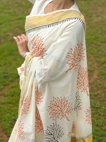 Hand block printed pure cotton saree with bold prints