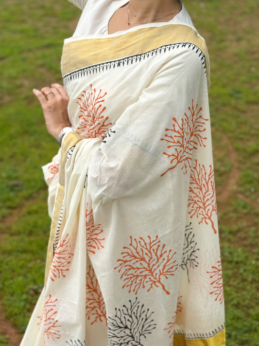 Hand block printed pure cotton saree with bold prints