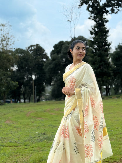 Hand block printed pure cotton saree with bold prints